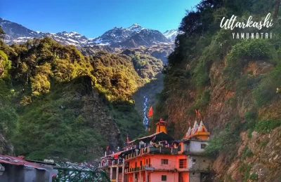 Side view of Yamunotri Dham with Snow Peaks at the back