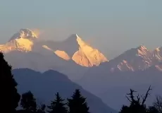 Beautiful view of snow capped mountains with golden sunshine from Chaukori.