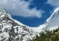 A beautiful view of snow capped mountain peak as seen from Gangotri, Uttarakhand.